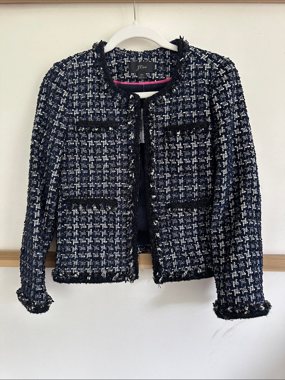 J. Crew Navy, Ivory, and Silver Tweed Fringe Trim Jacket